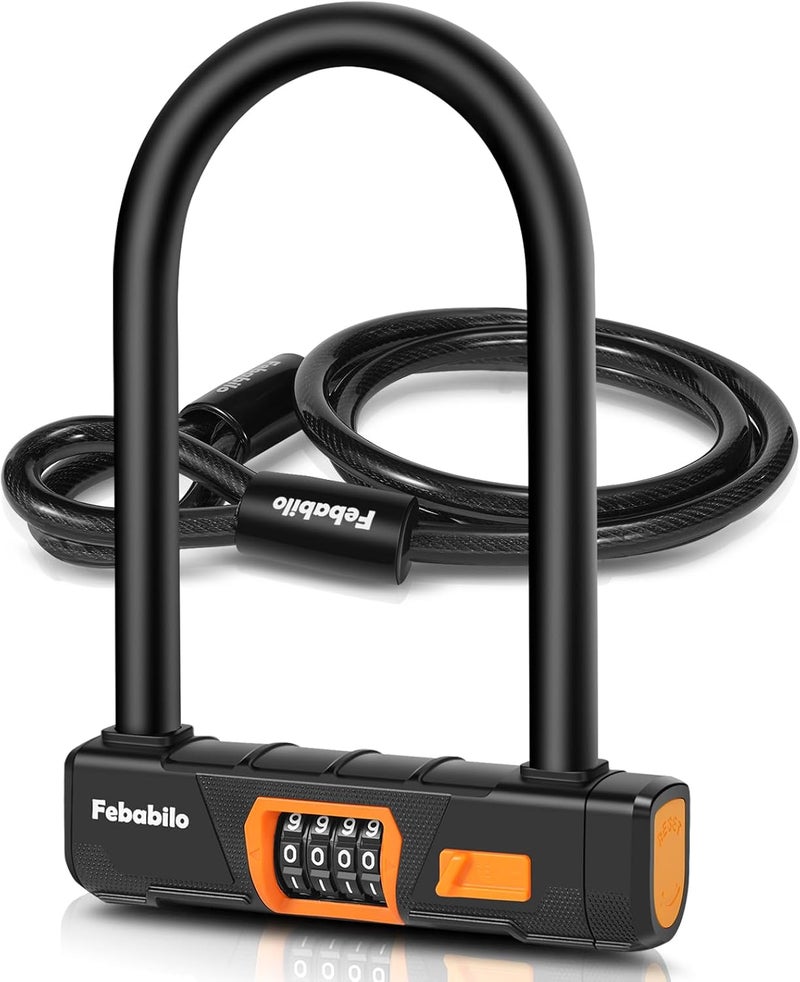Febabilo Bike Locks Heavy Duty Anti Theft, Combo Bike U Lock, 4-Digit Resettable Combination E-Bike Large U Shaped Lock with 5Ft Steel Cable for Electric Bike, Bicycle, Escooter, Motorcycle,Door - Image 1